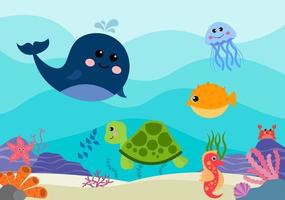 paesaggi sottomarini e simpatica vita animale nel mare con cavallucci marini, stelle marine, polpi, tartarughe, squali, pesci, meduse, granchi. illustrazione vettoriale
