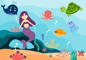 illustrazione vettoriale di sirena sott'acqua simpatici animali marini personaggi dei cartoni animati insieme a pesci, tartarughe, polpi, cavallucci marini, granchi