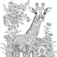 giraffa nel il giungla fiori adulti colorazione pagina linea arte vettore