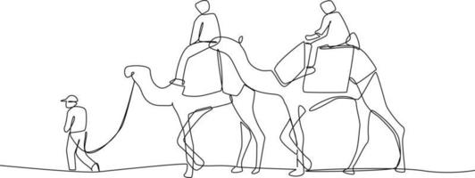 continuo una linea disegno di Due uomini turismo cammelli nel il deserto. esperienziale nel viaggiatore concetto. singolo linea disegno design grafico vettore illustrazione