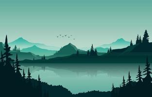 paesaggio di panorama della montagna del lago nell'illustrazione piana monocromatica verde vettore