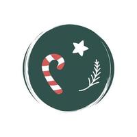 carino Natale rosso e bianca caramella canna, stella e abete ramo icona vettore, illustrazione su cerchio con spazzola struttura, per sociale media storia e punti salienti vettore