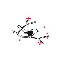 decorativo gazza uccello si siede su un' ramo con rosso fiori su esso vettore