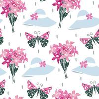 carino bello bellissimo astratto senza soluzione di continuità vettore modello sfondo illustrazione con colorato farfalle, Femminile cappelli e fiori mazzi di fiori