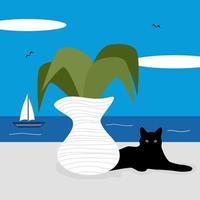 carino cartone animato soleggiato giorno greco paesaggio scena con gatto, vaso con pianta e mare vettore illustrazione
