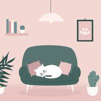 carino cartone animato interno di il vivente camera con impianti e gatto su accogliente divano bello vettore illustrazione