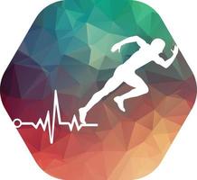 pulse maratona logo design icona vettore. corpo Salute cura logo design. in esecuzione uomo con linea ecg battito cardiaco icona. vettore