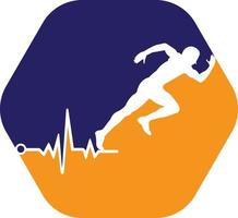 pulse maratona logo design icona vettore. corpo Salute cura logo design. in esecuzione uomo con linea ecg battito cardiaco icona. vettore