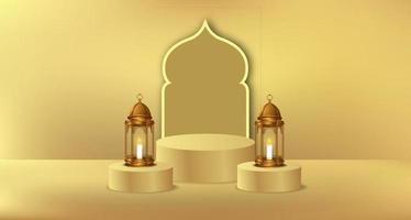 evento islamico del ramadan con lanterna dorata e modello di visualizzazione del prodotto del podio del cilindro vettore