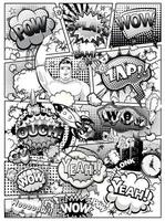 nero e bianca comico libro pagina diviso di Linee con discorso bolle, razzo, supereroe mano e suoni effetto. vettore illustrazione
