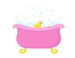 vasca da bagno pieno di sapone schiuma bolle con giallo gomma da cancellare anatra nel un' cartone animato piatto stile. vettore illustrazione