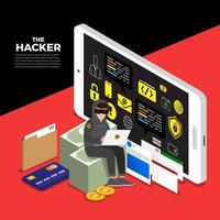 hacker informatico che ruba dati su un dispositivo Internet vettore