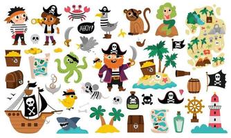 vettore pirata impostare. carino mare avventure icone collezione. Tesoro isola illustrazioni con nave, Capitano, marinai, il petto, carta geografica, pappagallo, scimmia, carta geografica. divertente pirata festa elementi per bambini.