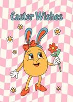 verticale manifesto con Groovy cartone animato personaggio Pasqua uovo e citazione Pasqua auguri su rosa cellule sfondo. piatto vettore illustrazione per Stampa, manifesto, carta