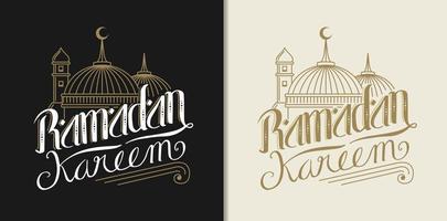 lussuoso Ramadan kareem calligrafia ornato con bellissimo moschea ornamento vettore