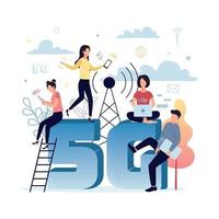 5g mobile Internet. un' uomo e un' donna con un' il computer portatile sedersi su il lettera g, donne con smartphone su il numero 5, contro un' sfondo di impianti, Internet icone, un' Torre, nuvole. vettore illustrazione.