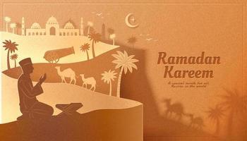 un' preghiera con cammelli, cannone, mezzaluna e palma alberi silhouette dietro a come islamico simboli festeggiare santo Ramadan su abbronzatura sfondo vettore