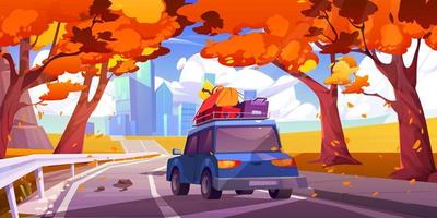 autunno paesaggio con auto unità su strada per città vettore