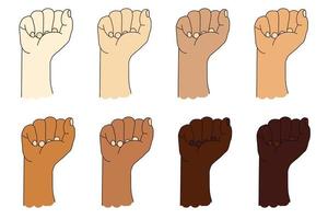 raccolta di mani etniche umane con diverso colore della pelle. gesti con le mani. pugno alzato o pugno chiuso. illustrazione vettoriale isolato su bianco