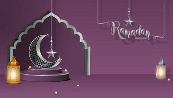 3d moderno islamico vacanza striscione. Schermo podio con Ramadan lanterna, metallo Luna e moschea portale vettore