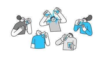 impostato di assetato persone potabile a partire dal bicchiere di acqua mano disegnato personaggio illustrazione vettore