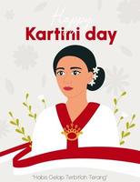 contento kartini giorno. kartini è indonesiano femmina eroe. asiatico donna con floreale elementi e indonesiano bandiera. habis gelap terbitlah terang si intende dopo buio arriva luce. piatto vettore illustrazione.