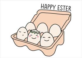 Imballaggio con pollo uova per il Pasqua vacanza e un' congratulazioni iscrizione. primavera vacanza con decorativo uova con carino facce. vettore illustrazione nel un' piatto stile.