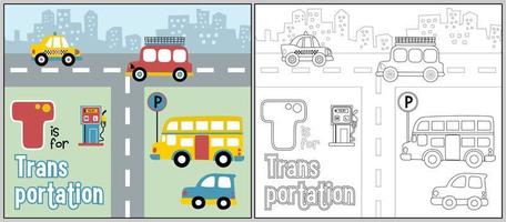 città traffico cartone animato con colorato veicoli, colorazione libro o pagina vettore