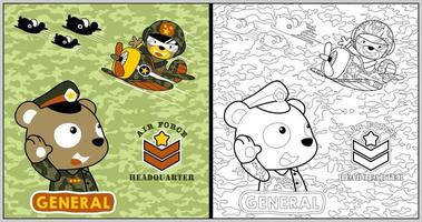 vettore cartone animato di divertente orso con combattente Jet su camuffare sfondo, colorazione libro o pagina