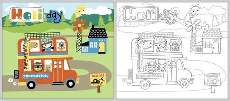 gruppo di cartone animato animali su autobus nel vacanza viaggio, colorazione libro o pagina vettore