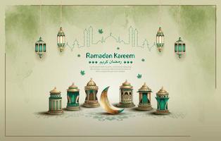 islamico saluto Ramadan kareem carta design con mezzaluna Luna e lanterne vettore