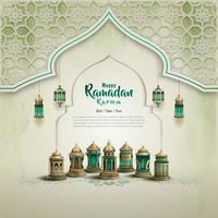 islamico saluto Ramadan carta design con verde lanterne vettore