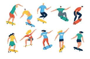 giovani donne e uomini che fanno skateboard. ragazze e ragazzi adolescenti o skateboarder che guidano lo skateboard. personaggi dei cartoni animati isolati su sfondo bianco. illustrazione vettoriale piatta.