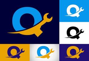 grafico alfabeto q con chiave inglese. logo per meccanico, tecnologia, riparazione servizio , settore automobilistico attività commerciale vettore