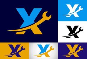grafico alfabeto X con chiave inglese. logo per meccanico, tecnologia, riparazione servizio , settore automobilistico attività commerciale vettore