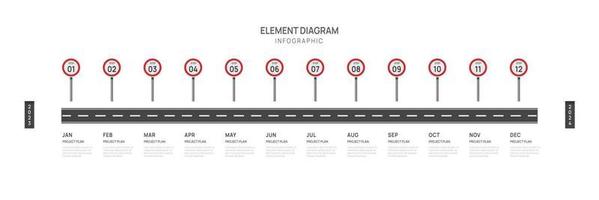 Infografica tabella di marcia modello per attività commerciale. 12 mesi moderno sequenza temporale elemento diagramma calendario, 4 trimestre passaggi pietra miliare presentazione vettore infografica.