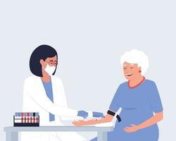 primo piano delle illustrazioni in cui un'infermiera preleva il sangue da una vena per l'analisi da una donna anziana vettore