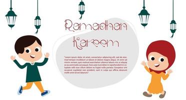 contento Ramadan saluto carta con bambini cartone animato carattere. contento Ramadan saluto carta decorato con lanterne e vuoto spazio vettore