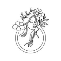 semplice linea arte deco femmina decorato di le foglie vettore illustrazione. bellezza donna elegante mano disegnato primavera floreale nero icona isolato su bianca