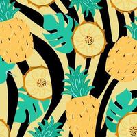 modello estivo con strisce zebra, monstera e ananas. sfondo esotico con foglie e fette di frutta. illustrazione vettoriale