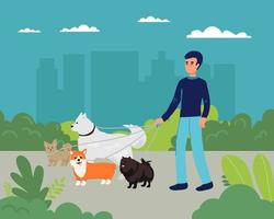 cane a passeggio. passeggiate un' lotto di cani giù il strada cane camminatori. vettore piatto illustrazione