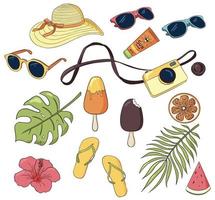 set vettoriale di articoli per le vacanze estive. foglie tropicali, macchina fotografica, gelato, occhiali da sole, abbigliamento e cura. elementi disegnati a mano di ricreazione in mare