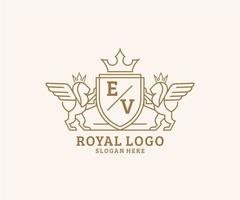 iniziale ev lettera Leone reale lusso stemma araldico logo modello nel vettore arte per ristorante, regalità, boutique, bar, Hotel, araldico, gioielleria, moda e altro vettore illustrazione.