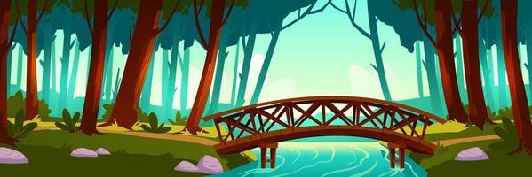 di legno ponte attraversamento fiume nel foresta vettore