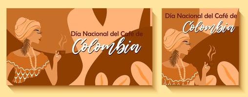nazionale caffè giorno nel Colombia striscione. afrocolombiano donna Tenere un' tazza di caffè nel sua mano. nazionale colombiano Abiti. iscrizione nel spagnolo nazionale caffè giorno nel Colombia vettore