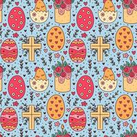 felice Pasqua vacanza doodle seamless pattern. torta, pollo all'uovo, croce cristiana. progettazione di carta da imballaggio. vettore