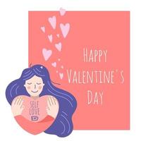 piatto cartone animato vettore illustrazione, mano disegnato stile. San Valentino giorno per single. ragazza abbracci se stessa.