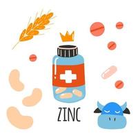 zinco. vaso con pillole, fagioli, Grano, manzo, vitamine. piatto cartone animato vettore illustrazione