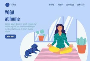 yoga a casa. modello di pagina web di destinazione della home page del sito Web. una giovane donna medita a casa. il concetto di vita quotidiana, tempo libero quotidiano e attività lavorative. illustrazione vettoriale di cartone animato piatto.