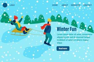 modelli di landing page divertenti invernali. bambini vestiti con abiti invernali o capispalla che svolgono attività all'aperto divertenti. festival della neve o slittino. illustrazione vettoriale piatta